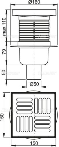 APV6411 Сливной трап 150 × 150/50, подводка – прямая, решетка – нержавеющая сталь, гидрозатвор – мокрый Alca Plast в Сочи